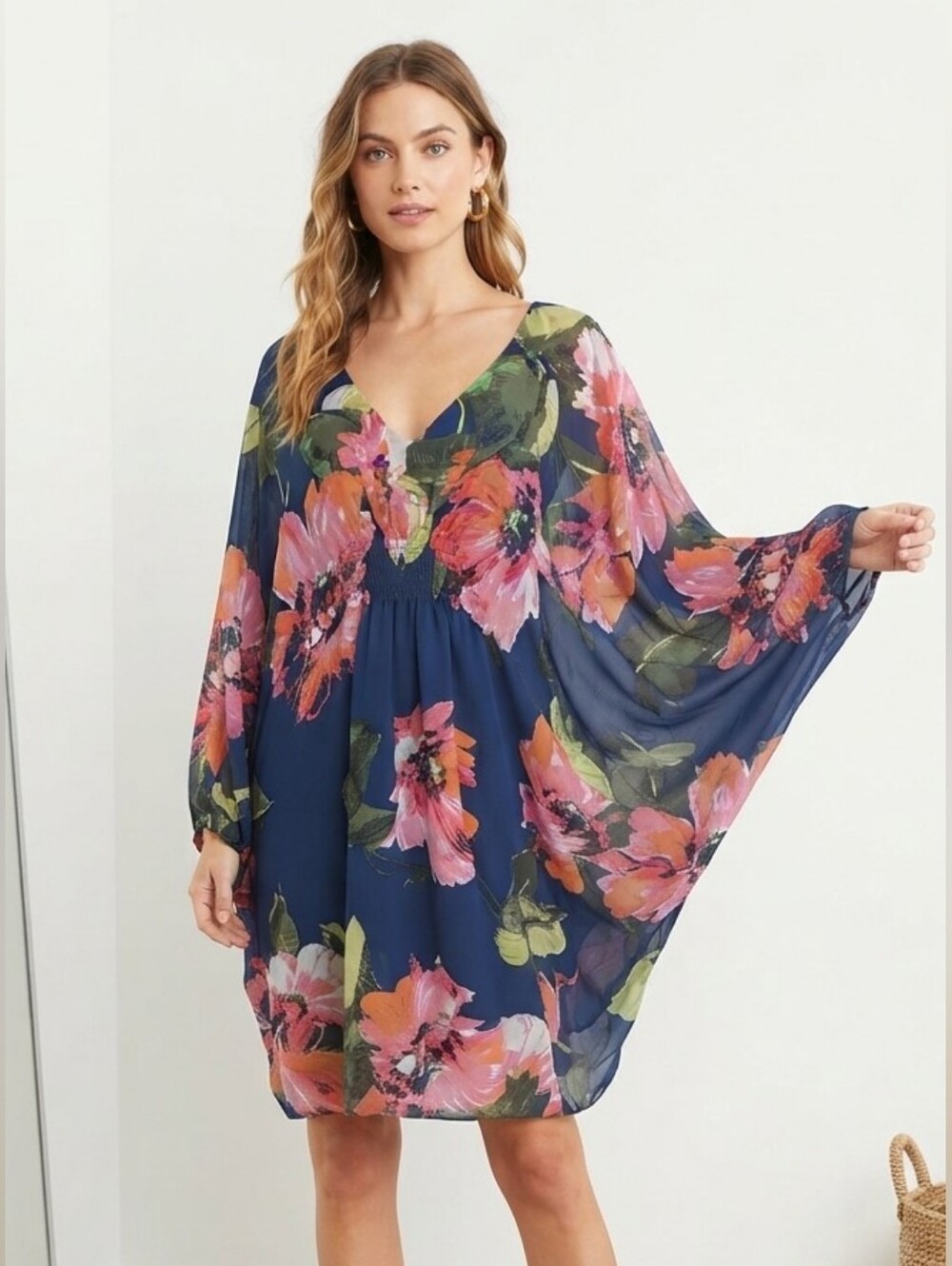 Trina Turk Blue Floral Gentle Dress XL V-Neck Smocked Dolman Sleeve NWT